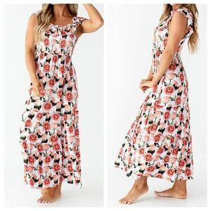 NEW Bums and Roses Mama Maxi Dress L Tiered Smocked Ruffle Floral Natural Bamboo